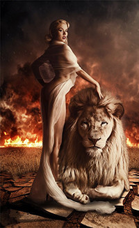 Аватар вконтакте Девушка блондинка в длинной тоге, опоясывающей тело стоит, положив руку на голову льва на фоне горящей травы