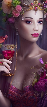 99px.ru аватар Девушка с бокалом напитка в руке, в украшениях и цветах, by mashamaklaut