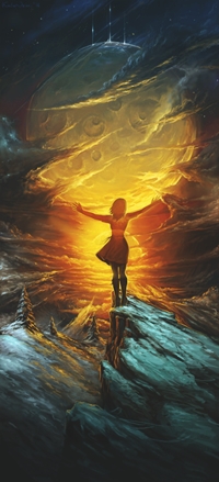 Аватар вконтакте Девушка стоит на краю обрыва, раскинув руки к заходящему солнцу и сменяющей его большой луне, by KalaNemi