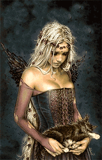 99px.ru аватар Девушка-ангел с темными крыльями, светлыми длинными волосами держит на руках спящую серую кошку