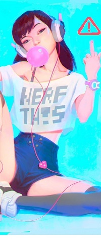 99px.ru аватар Ди Ва / D. Va / Хана Сон / Hana Song из игры Дозор / Overwatch в наушниках, футболке с надписью NERF TH! S и шортах, сидит надувает пузырь из жвачки и показывает неприличный жест, art by Jason Chan