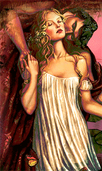 Аватар вконтакте Девушку с длинными волосами, в белом платье целует лесной дух в образе мужчины
