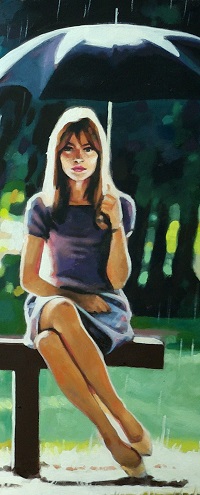 99px.ru аватар Девушка сидит на скамейке в парке под зонтом, art by Thomas Saliot