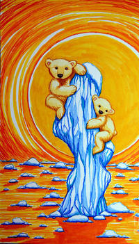 99px.ru аватар Двое белых медвежат сидят на плывущей по морю полу- растаявшей льдине, на фоне огромного на все небо Солнца, исходник by Nick Gustafson
