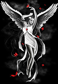 99px.ru аватар Девушка ангел с красными бабочками на черном фоне, art Anna Marine