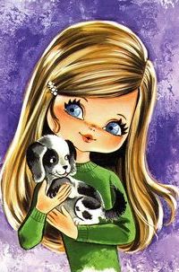 99px.ru аватар Синеглазая девочка с распущенными волосами, держит на руках щенка, на сиреневом фоне