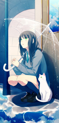 Аватар вконтакте Девушка с зонтом в руках сидит возле белой кошки