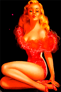 99px.ru аватар Девушка-блондинка в красном платье, сидит, поджав под себя ноги, на фоне разноцветных сердечек на темном фоне, art Billy De Vorss