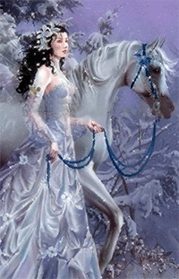 99px.ru аватар Девушка с темными длинными волосами держит за уздечку белого коня на фоне снежных деревьев