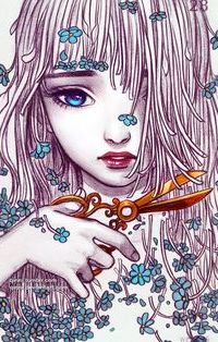 99px.ru аватар Голубоглазая девушка обрезает ножницами волосы, с растущими в них голубыми цветами, by Qinni