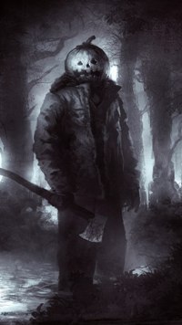 99px.ru аватар Человек с топором и тыквой helloween на голове среди леса