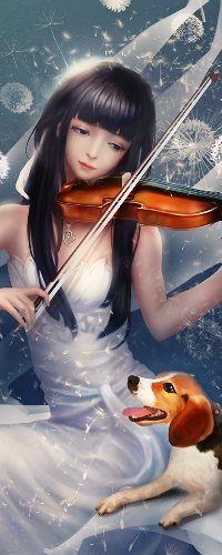 99px.ru аватар Девушка играет на скрипке, рядом сидит собака, в окружении одуванчиков, Art by &;&;&;&;