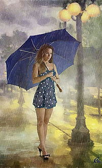 99px.ru аватар Дождливым летним вечером девушка гуляет под большим зонтом по улицам города, аrt by Alia Chekanoff