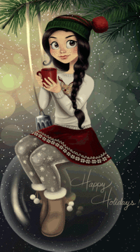 99px.ru аватар Девушка с горячей чашкой чая сидит на новогоднем шаре, (Happy Holidays / Счастливых праздников), автор C-Cassandra