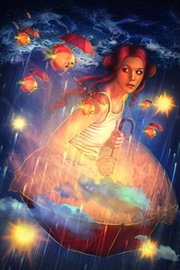 99px.ru аватар Девушка в светящемся зонтике парит в небе над волнами, в окружении золотых рыбок под раскрытыми маленькими зонтиками и мерцающих огней, by lilia osipova