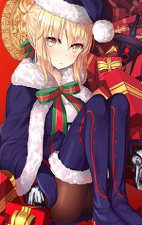 Аватар вконтакте Сэйбер Альтер / Saber Alter из аниме Судьба / Великий приказ / Fate / Grand Order в новогоднем наряде сидит среди подарков