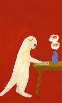 Аватар вконтакте Белый кот пишет записку, стоя у стола, на котором стоят цветы в вазе