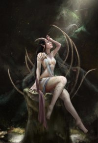 Аватар вконтакте Девушка-друид в сексуальном одеянии сидит на каменном троне