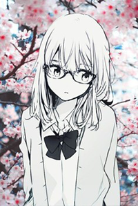 Аватар вконтакте Школьница в очках, вырезанная из манги, на фоне цветущей сакуры