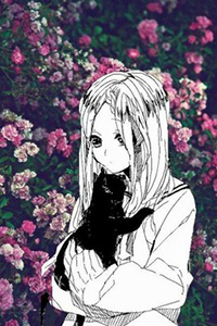 Аватар вконтакте Девушка с кошкой на руках, вырезанная из манги, на фоне цветущих розовых кустов