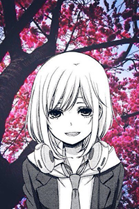 Аватар вконтакте Улыбающаяся Мацури Мизусава / Matsuri Mizusawa, вырезанная из манги Цитрус / Citrus, на фоне цветущей сакуры