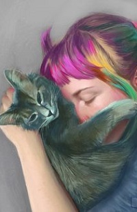 Аватар вконтакте Девушка с цветными волосами обнимает кошку, by SuperPhazed