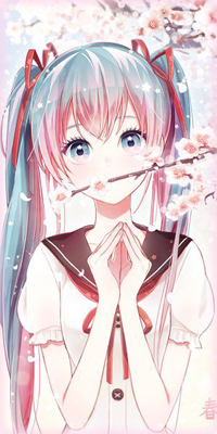 99px.ru аватар Vocaloid Hatsune Miku / Вокалоид Хатсуне Мику стоит среди цветущих веток сакуры