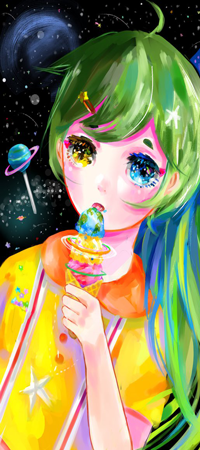 99px.ru аватар Зеленоволосая девушка с разноцветными глазами есть мороженное в виде планет на фоне космоса, by Kia-chaaan