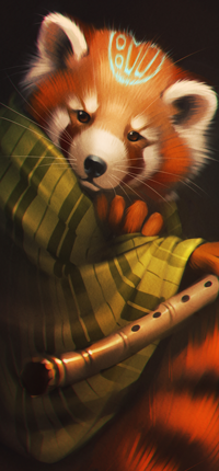 99px.ru аватар Красная панда укутана в плед и в лапах держит флейту, by GaudiBuendia