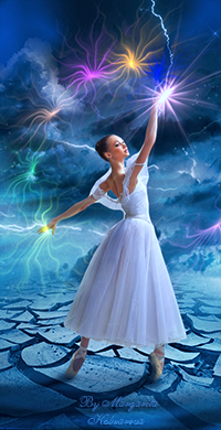 99px.ru аватар Девушка - балерина со светящейся магией в руках на фоне звездного неба и облаков, by Margarita Kobzareva