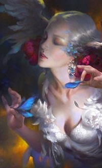 99px.ru аватар Девушка - ангел с бабочкой и крылышком в руках, by Wei Feng