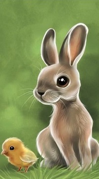 Аватар вконтакте Кролик сидит рядом с цыпленком на траве, by daekazu