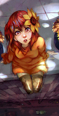 99px.ru аватар Рыжеволосая девушка с подсолнухом на голове сидит на крыше, by DarkMusli