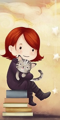 Аватар вконтакте Девочка с котенком сидит на стопке книг