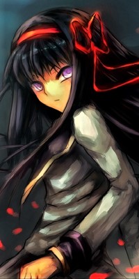 Аватар вконтакте Хомура Акэми / Homura Akemi из аниме Девочка-волшебница Мадока Магика / Mahou Shoujo Madoka MagicaВ с жутковатыми светящимися глазами и красным бантиком на голове