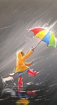 99px.ru аватар Щенок держит девочку с разноцветным зонтом за плащ