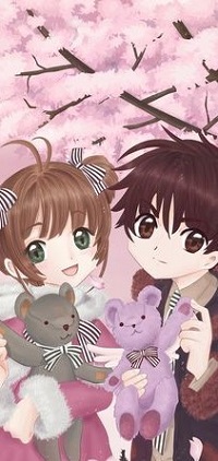 Аватар вконтакте Сакура Киномото / Sakura Kinomoto и Сяоран Ли / Shaoran Li из аниме Сакура — собирательница карт / Cardcaptor Sakura с плюшевыми мишками в руках на фоне цветущей сакуры