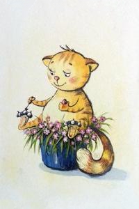 99px.ru аватар Кошка сидит на цветочном горшке и красит лаком когти, by Nastasia