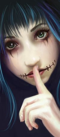Аватар вконтакте Синеволосая и зеленоглазая девушка с зашитым ртом, by acidlullaby