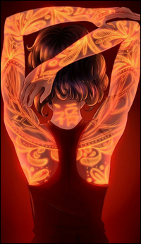 Аватар вконтакте Девушка со светящимися татуировками на теле стоит спиной подняв руки вверх