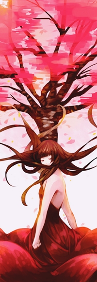 Аватар вконтакте Девушка с длинными волосами в красном платье на фоне дерева с красной кроной, by Shihoran