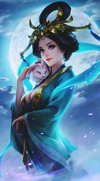 99px.ru аватар Девушка на фоне большой луны с белой кошкой на плече, by XiaoGuang Sun