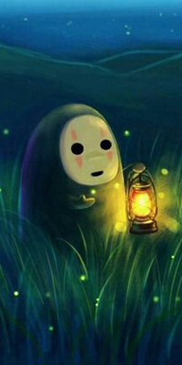 99px.ru аватар Безликий / No Face из аниме Sen to Chihiro no kamikakushi / Унесенные призраками с фонарем в руке стоит в траве в окружении светлячков