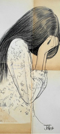 99px.ru аватар Девушка с длинными волосам держит руки у лица, by Loui Jover