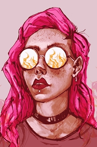 99px.ru аватар Девушка с розовыми волосами, в очках которой отражается огонь, by Hannah Lawler