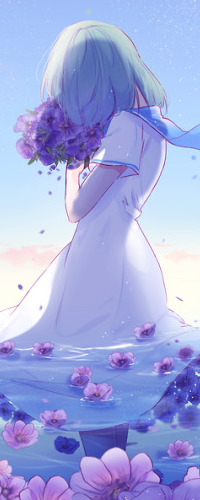 99px.ru аватар Девушка в белом платье и с букетом в руках стоит в воде среди цветов, art by lluluchwan