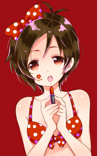 99px.ru аватар Девушка с короткой стрижкой, пестрым бантиком и помадой на красном фоне (kiss me / поцелуй меня)