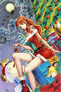 99px.ru аватар Nami / Нами сидит на подарке рядом с елкой из аниме One Piece / Ван Пис