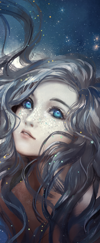 99px.ru аватар Длинноволосая голубоглазая девушка с блестками на лице в виде веснушек на фоне ночного звездного неба, by yuumei
