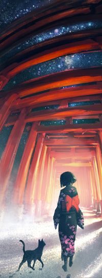 99px.ru аватар Девушка в кимоно, рядом с ней идет черный кот, by yuumei